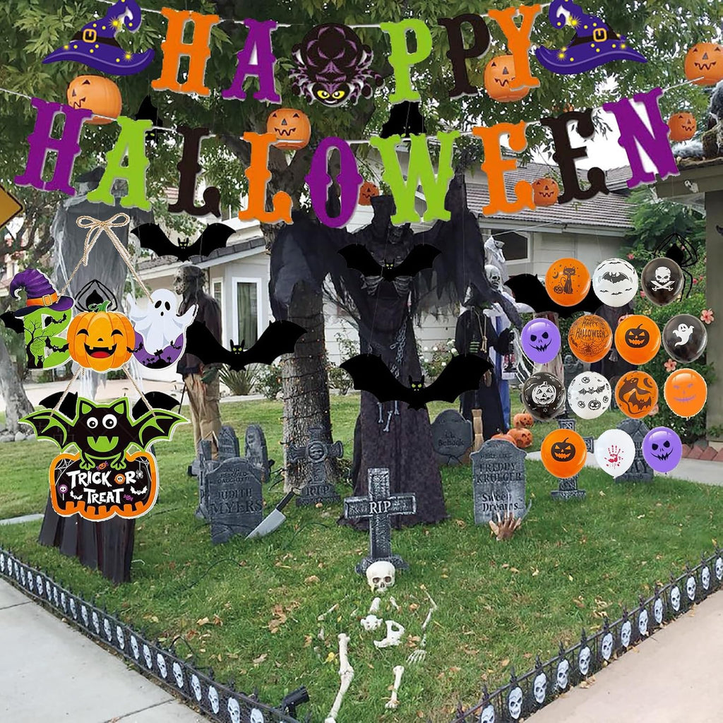 100+ Piece Halloween Decorations Set - All-In-One Kit Halloween Decor with Banner, Hanging Bats, Spider Web Decoration, Balloons, Photo Props & More! Fun for Kids & Family