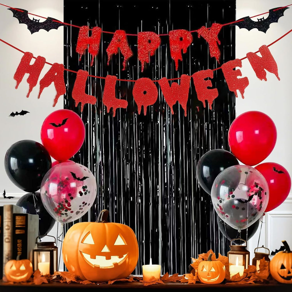 Halloween Birthday Party Decorations Set, Scary Horror Scream Ghostface Themed Decor Kit with Banner, Red Black Balloons, Bat Balloons, Black Door Curtain, Bat Cutouts for Kids Adults Horror Movie Birthday Party Supplies