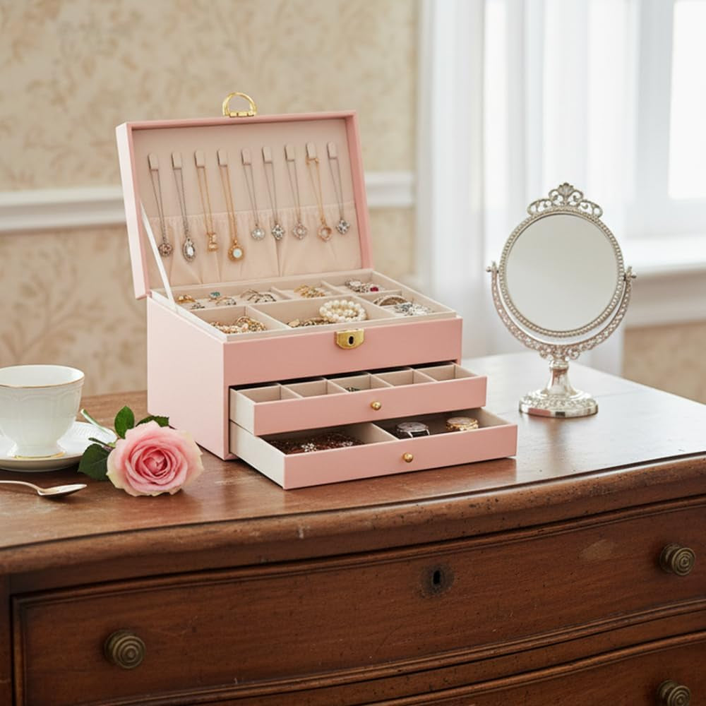 Large Jewelry Box Organizer for Women, 3 Layer PU Leather Jewelry Lockbox with Drawers, Travel Jewelry Case for Rings, Earrings, Necklaces, Bracelets & Accessories (Pink)