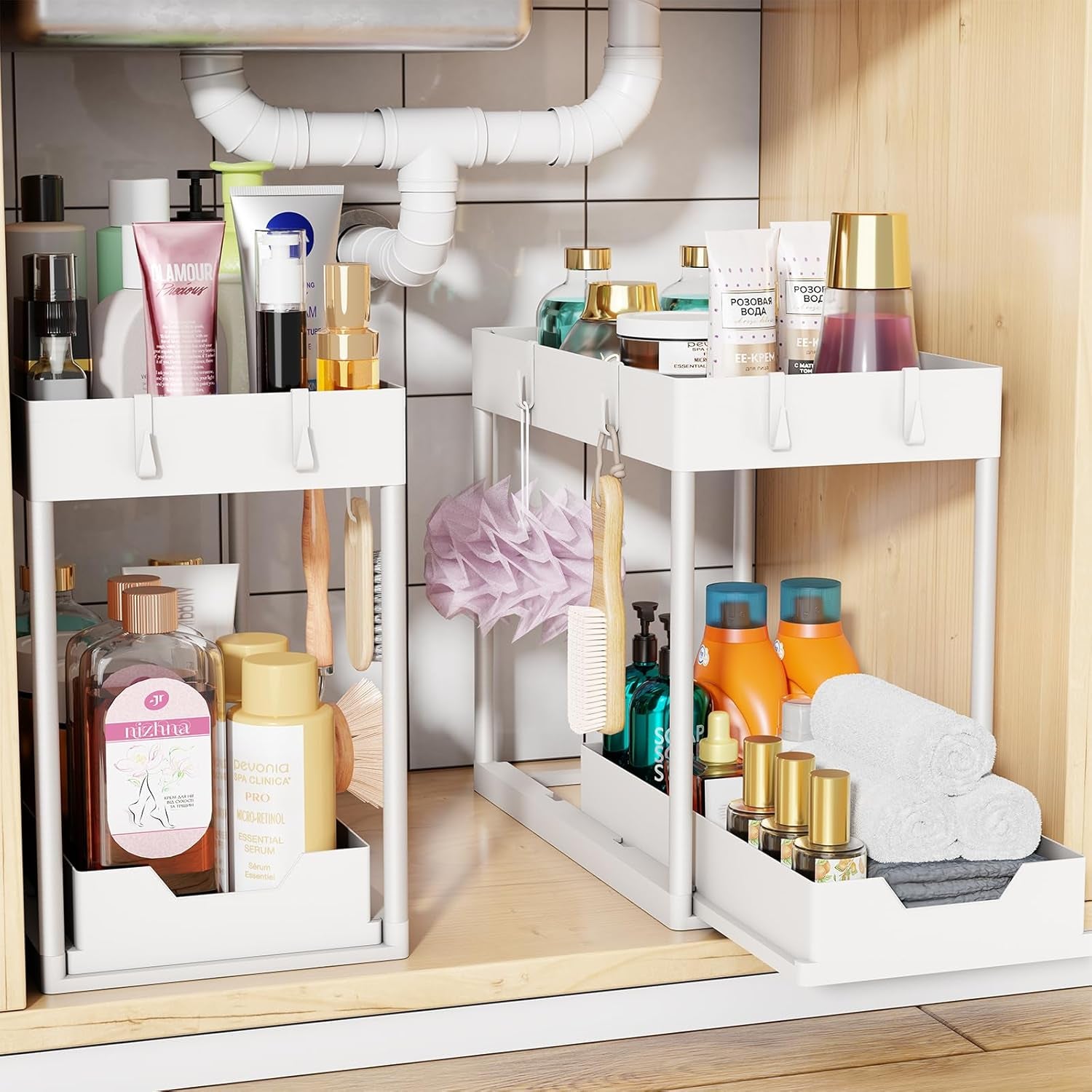 under Sink Organizer 2 Pack, Sink Pull-Out Sliding Storage Cabinet, 2-Tier under Shelf Organizer for Kitchen Bathroom, Black