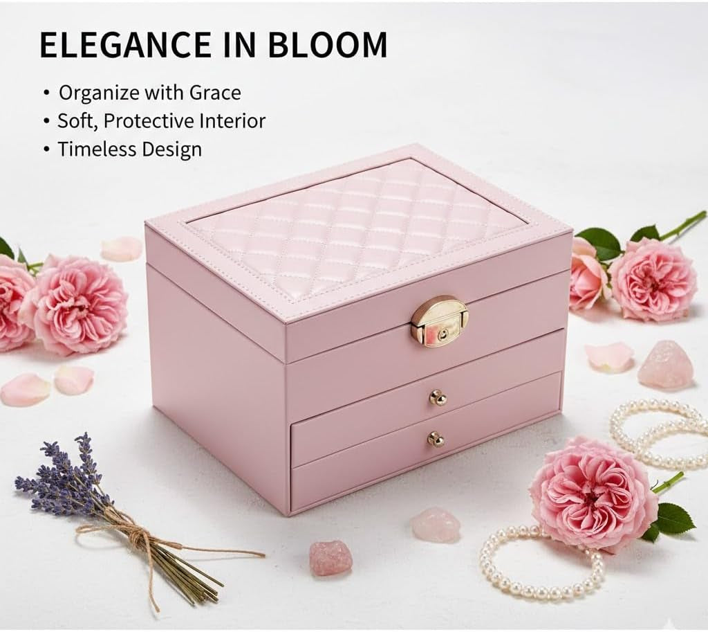 Large Jewelry Box Organizer for Women, 3 Layer PU Leather Jewelry Lockbox with Drawers, Travel Jewelry Case for Rings, Earrings, Necklaces, Bracelets & Accessories (Pink)