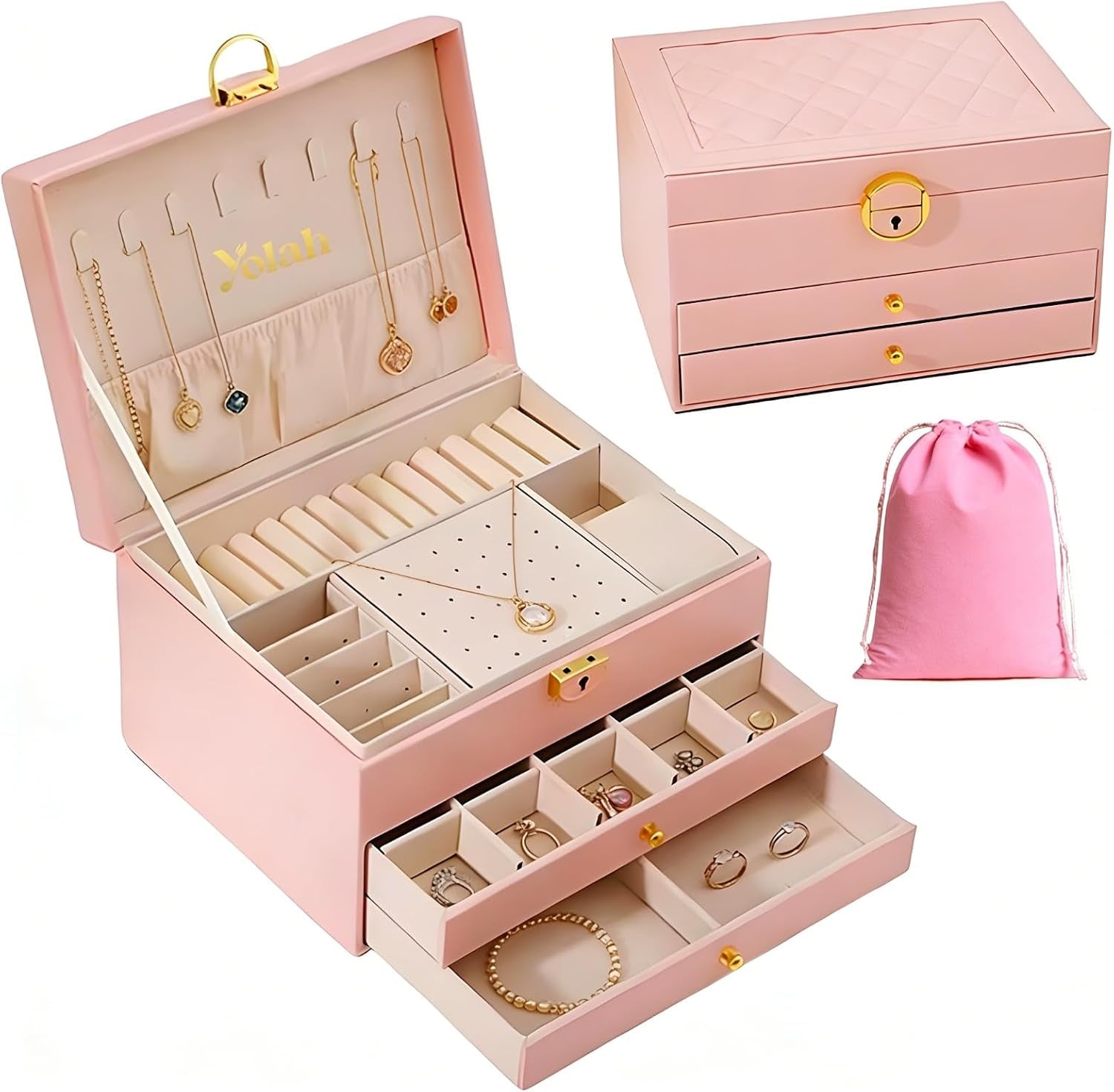 Large Jewelry Box Organizer for Women, 3 Layer PU Leather Jewelry Lockbox with Drawers, Travel Jewelry Case for Rings, Earrings, Necklaces, Bracelets & Accessories (Pink)