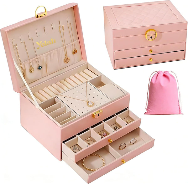 Large Jewelry Box Organizer for Women, 3 Layer PU Leather Jewelry Lockbox with Drawers, Travel Jewelry Case for Rings, Earrings, Necklaces, Bracelets & Accessories (Pink)
