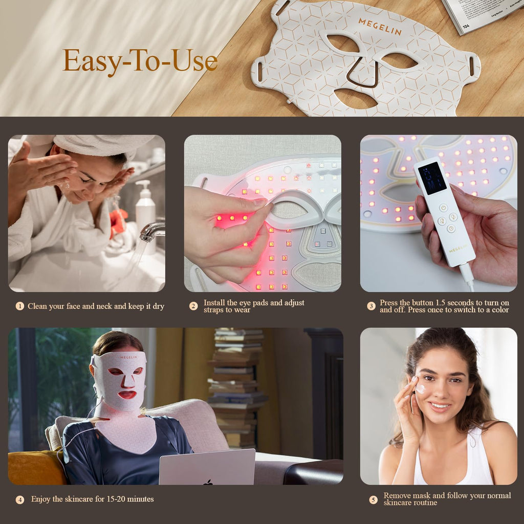 Led Red Light Therapy Face & Neck Mask, 7 Colors Led Light Therapy Facial Mask, Infrared Red Light Therapy Mask, Infrared Light Skin Rejuvenation(White)