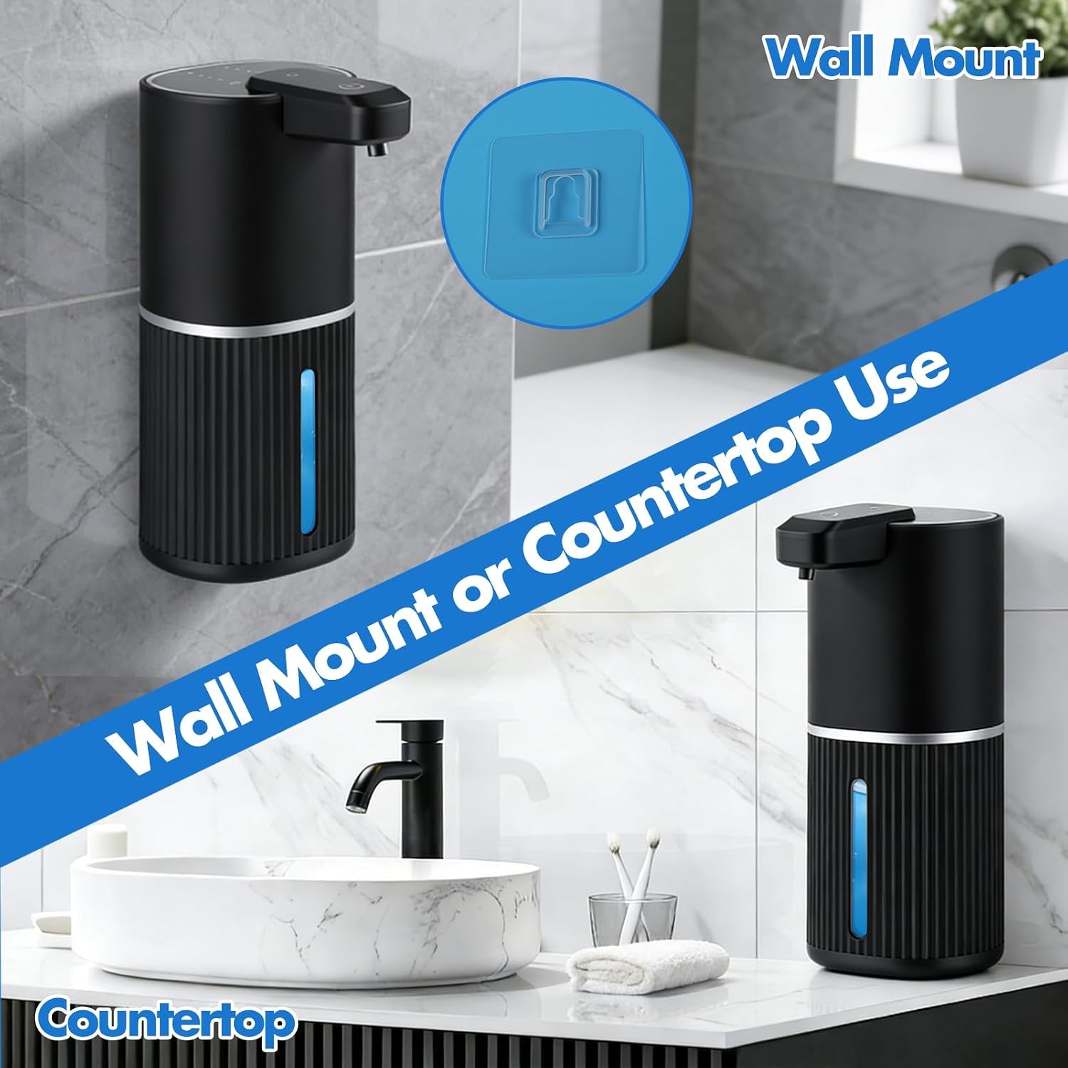 Automatic Soap Dispenser, Foaming Soap Dispenser Touchless with Continuous Dispensing, 4-Level Adjustable, Rechargeable Hand Soap Dispensers, Wall Mounted or Countertop for Bathroom & Kitchen