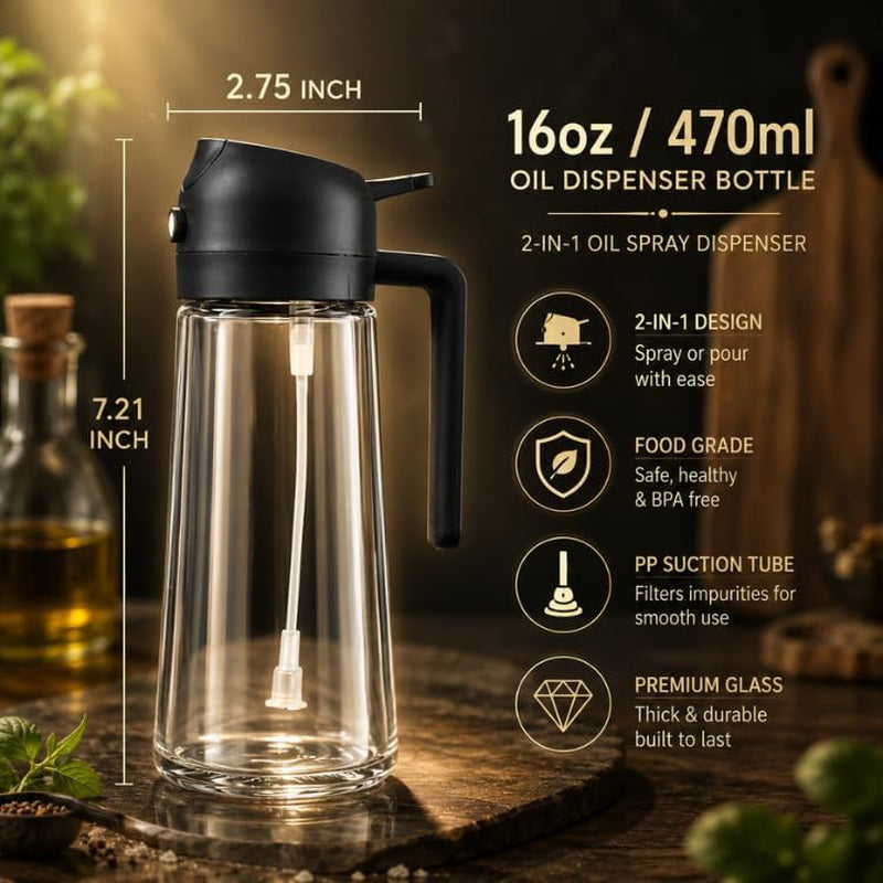 Oil Sprayer for Cooking, 16Oz/470Ml 2-In-1 Glass Olive Oil Dispenser