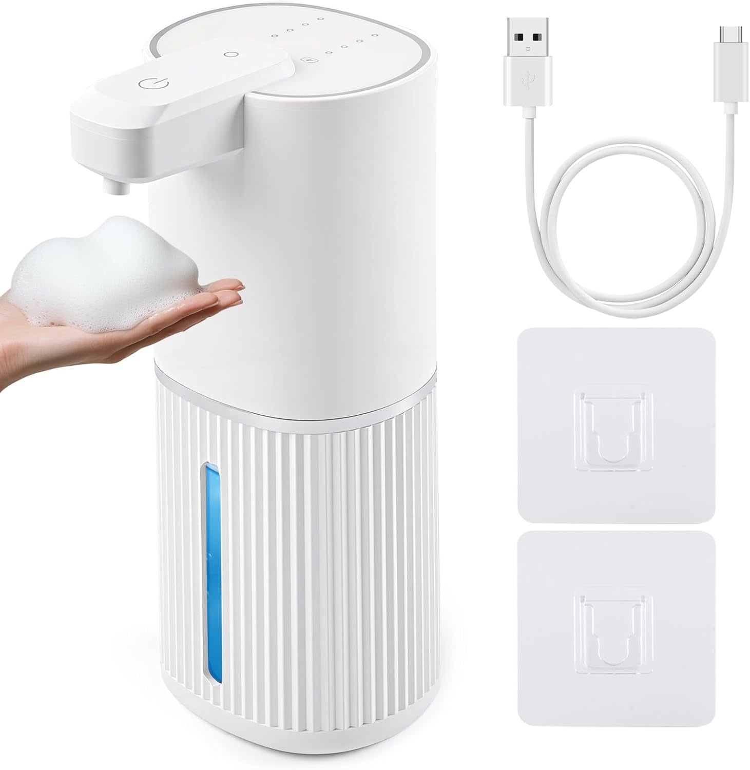 Automatic Soap Dispenser, Foaming Soap Dispenser Touchless with Continuous Dispensing, 4-Level Adjustable, Rechargeable Hand Soap Dispensers, Wall Mounted or Countertop for Bathroom & Kitchen