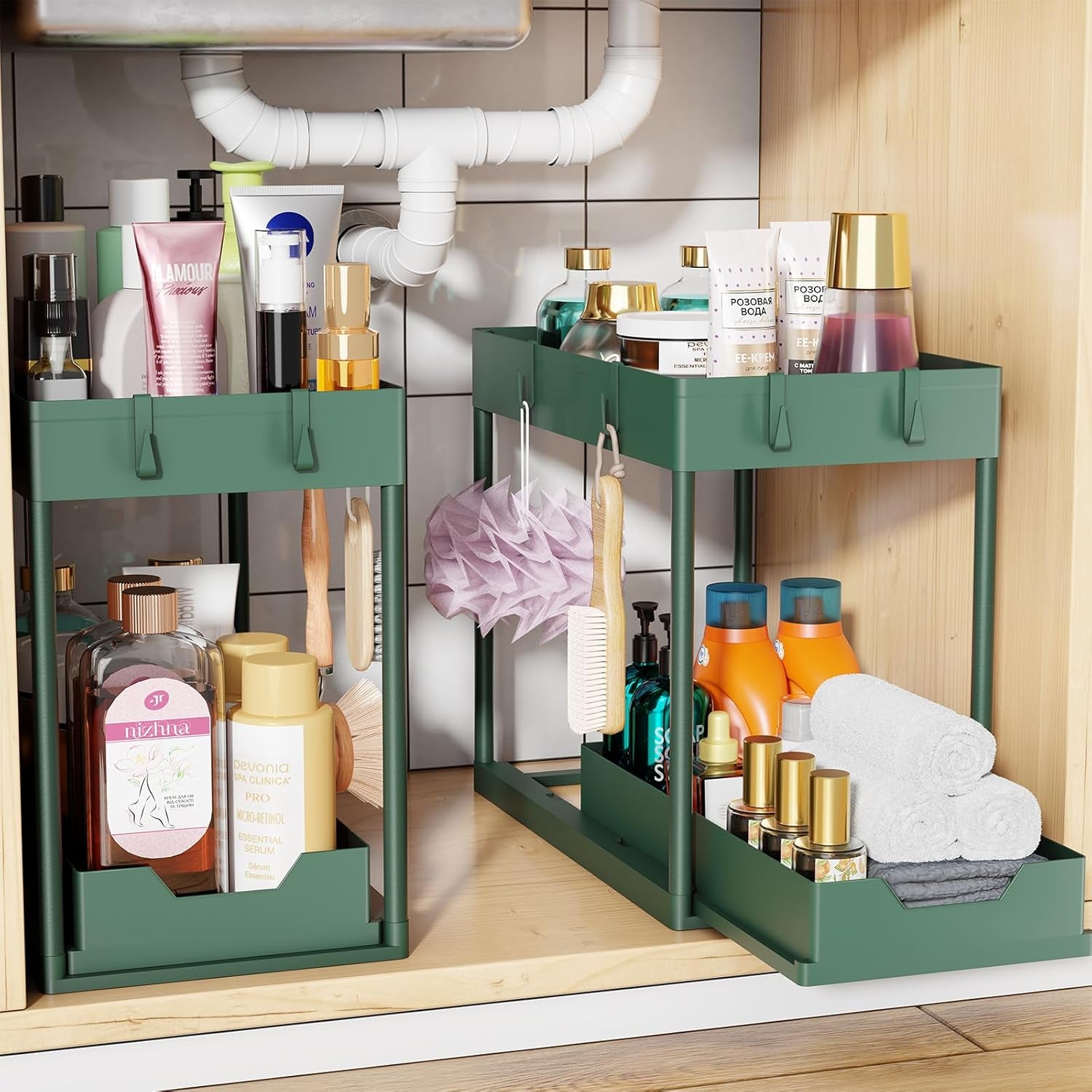 under Sink Organizer 2 Pack, Sink Pull-Out Sliding Storage Cabinet, 2-Tier under Shelf Organizer for Kitchen Bathroom, Black