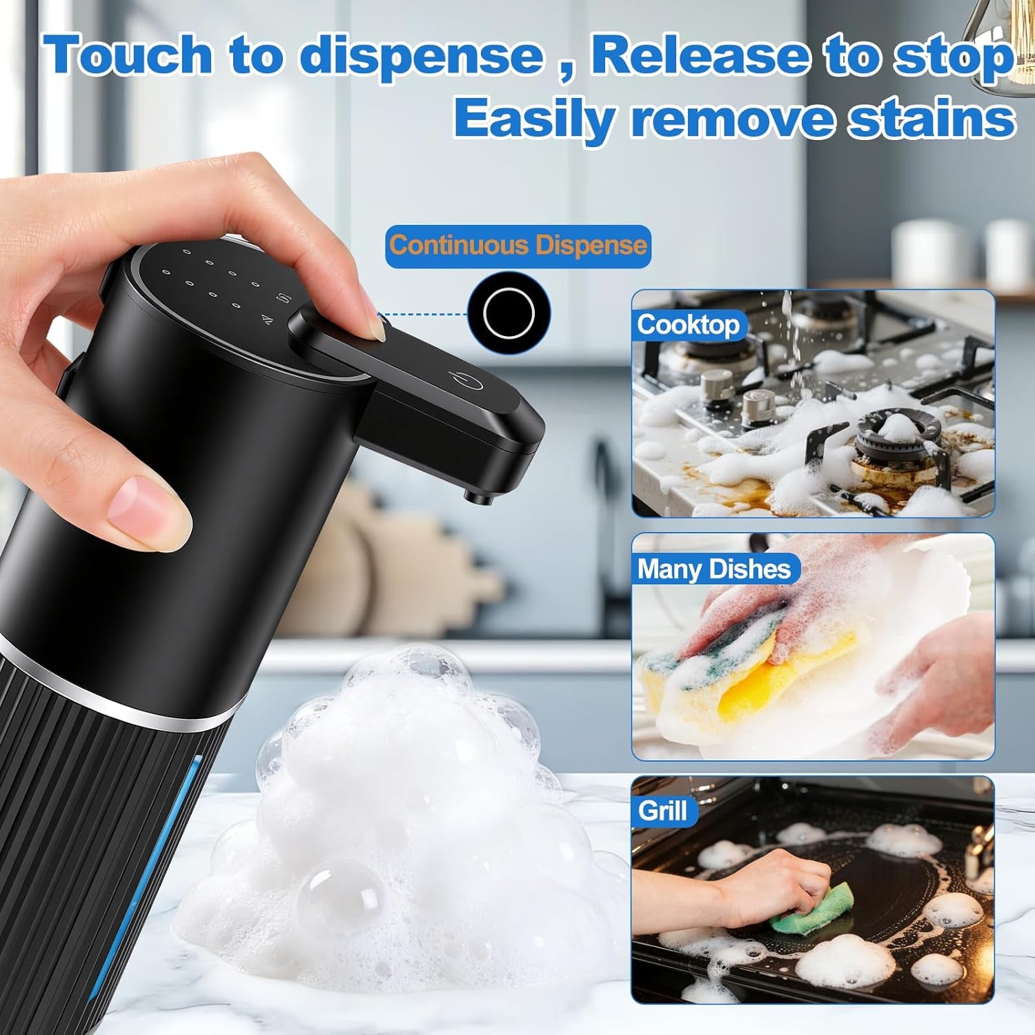 Automatic Soap Dispenser, Foaming Soap Dispenser Touchless with Continuous Dispensing, 4-Level Adjustable, Rechargeable Hand Soap Dispensers, Wall Mounted or Countertop for Bathroom & Kitchen