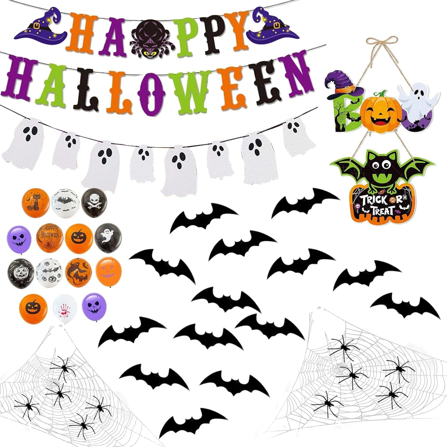 100+ Piece Halloween Decorations Set - All-In-One Kit Halloween Decor with Banner, Hanging Bats, Spider Web Decoration, Balloons, Photo Props & More! Fun for Kids & Family