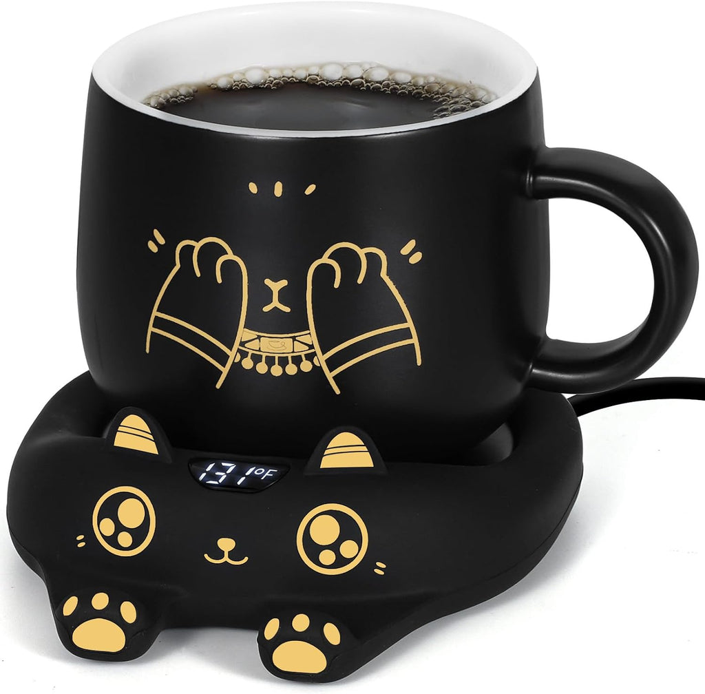 Coffee Mug Warmer & Cute Cat Mug Set, Coffee Cup Warmer for Desk with Auto Shut Off, Beverage Warmer with 3 Temp Settings, Candle Warmer Coffee Warmer with Mug Set for Christmas & Birthday Gifts