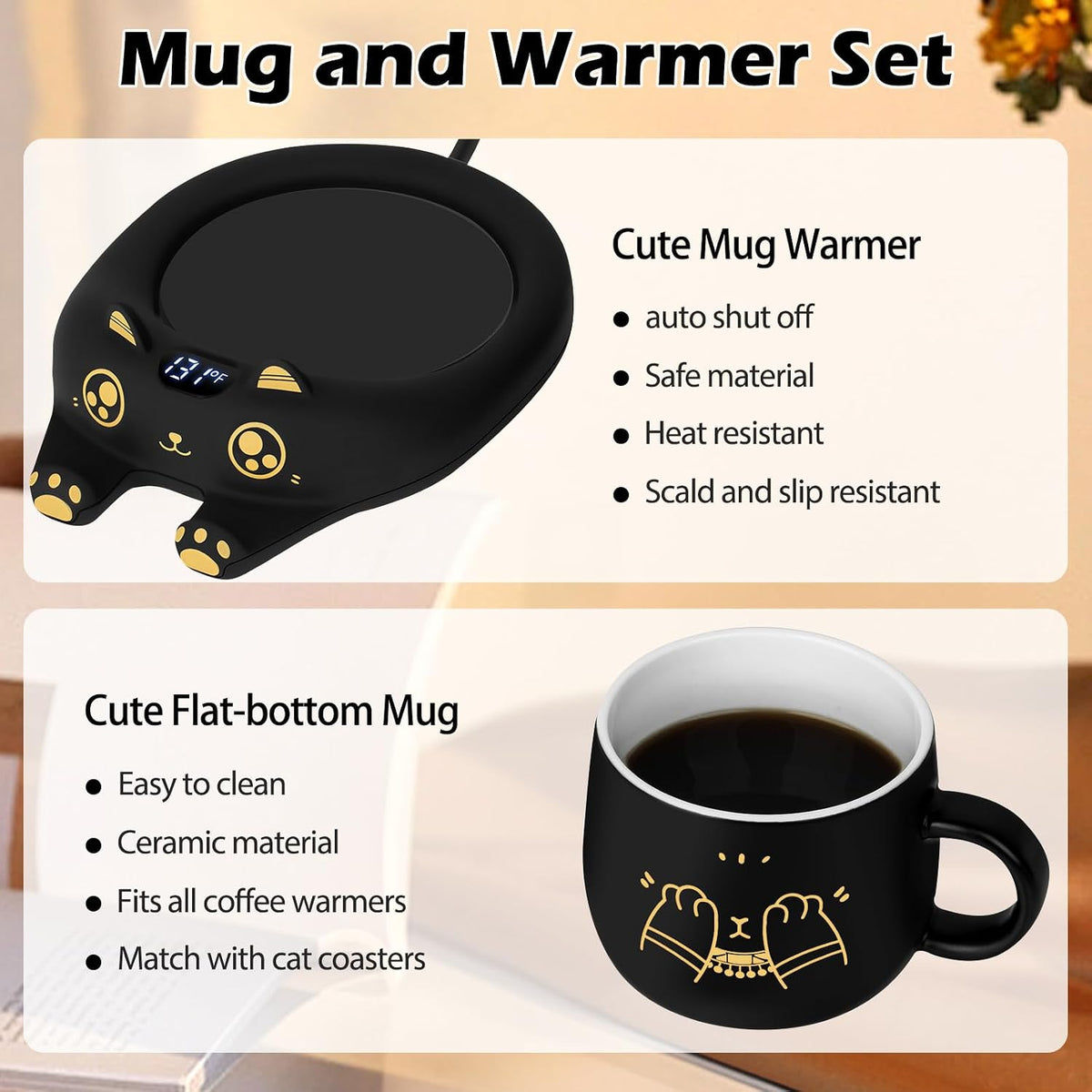 Coffee Mug Warmer & Cute Cat Mug Set, Coffee Cup Warmer for Desk with Auto Shut Off, Beverage Warmer with 3 Temp Settings, Candle Warmer Coffee Warmer with Mug Set for Christmas & Birthday Gifts