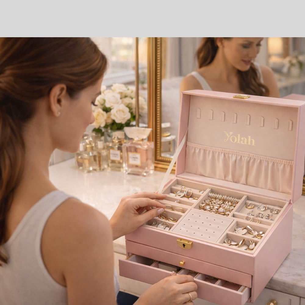Large Jewelry Box Organizer for Women, 3 Layer PU Leather Jewelry Lockbox with Drawers, Travel Jewelry Case for Rings, Earrings, Necklaces, Bracelets & Accessories (Pink)
