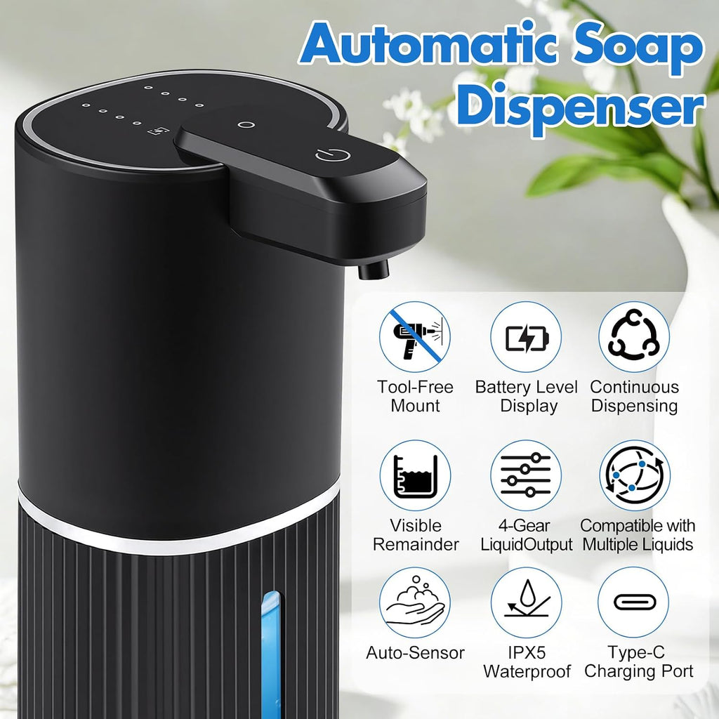 Automatic Soap Dispenser, Foaming Soap Dispenser Touchless with Continuous Dispensing, 4-Level Adjustable, Rechargeable Hand Soap Dispensers, Wall Mounted or Countertop for Bathroom & Kitchen