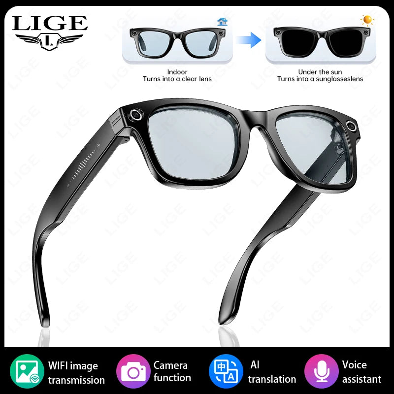 LIGE Smart Camera Glasses Video Recording AI Translation Object Recognition Bluetooth Call Music Sunglasses Photochromic Lenses
