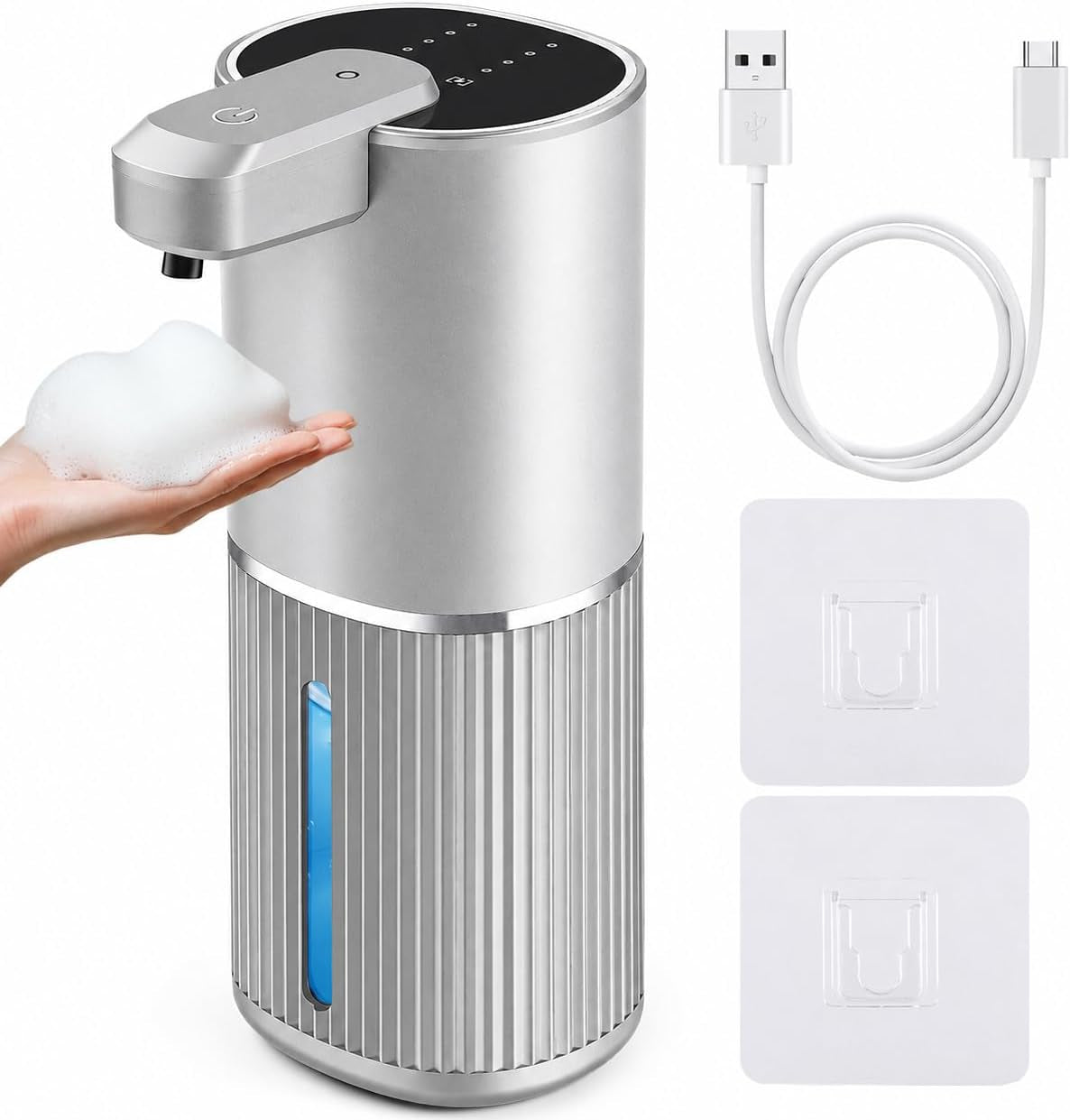 Automatic Soap Dispenser, Foaming Soap Dispenser Touchless with Continuous Dispensing, 4-Level Adjustable, Rechargeable Hand Soap Dispensers, Wall Mounted or Countertop for Bathroom & Kitchen