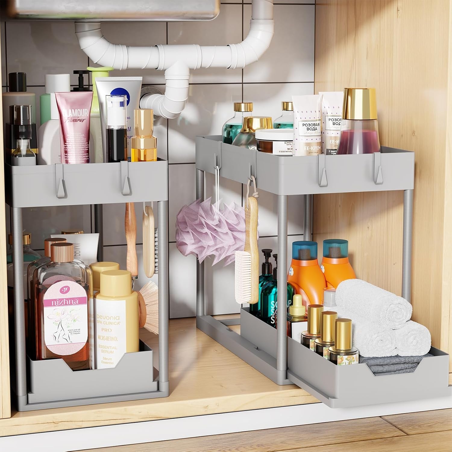 under Sink Organizer 2 Pack, Sink Pull-Out Sliding Storage Cabinet, 2-Tier under Shelf Organizer for Kitchen Bathroom, Black