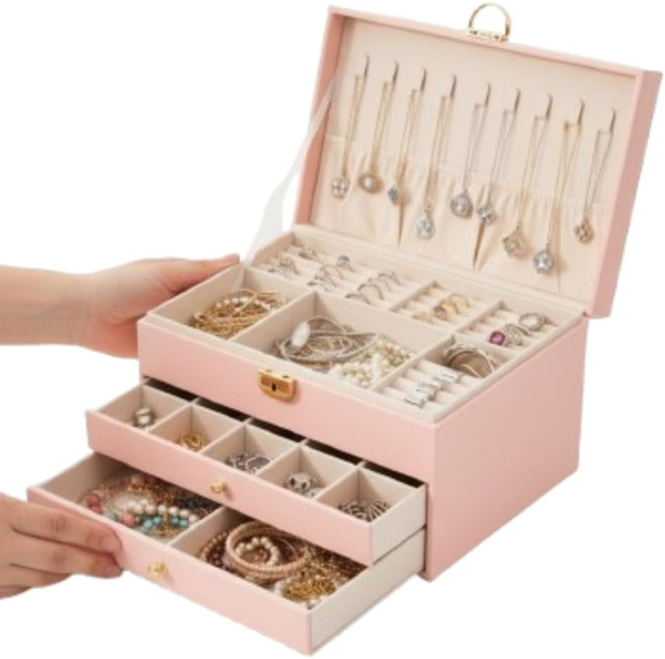 Large Jewelry Box Organizer for Women, 3 Layer PU Leather Jewelry Lockbox with Drawers, Travel Jewelry Case for Rings, Earrings, Necklaces, Bracelets & Accessories (Pink)