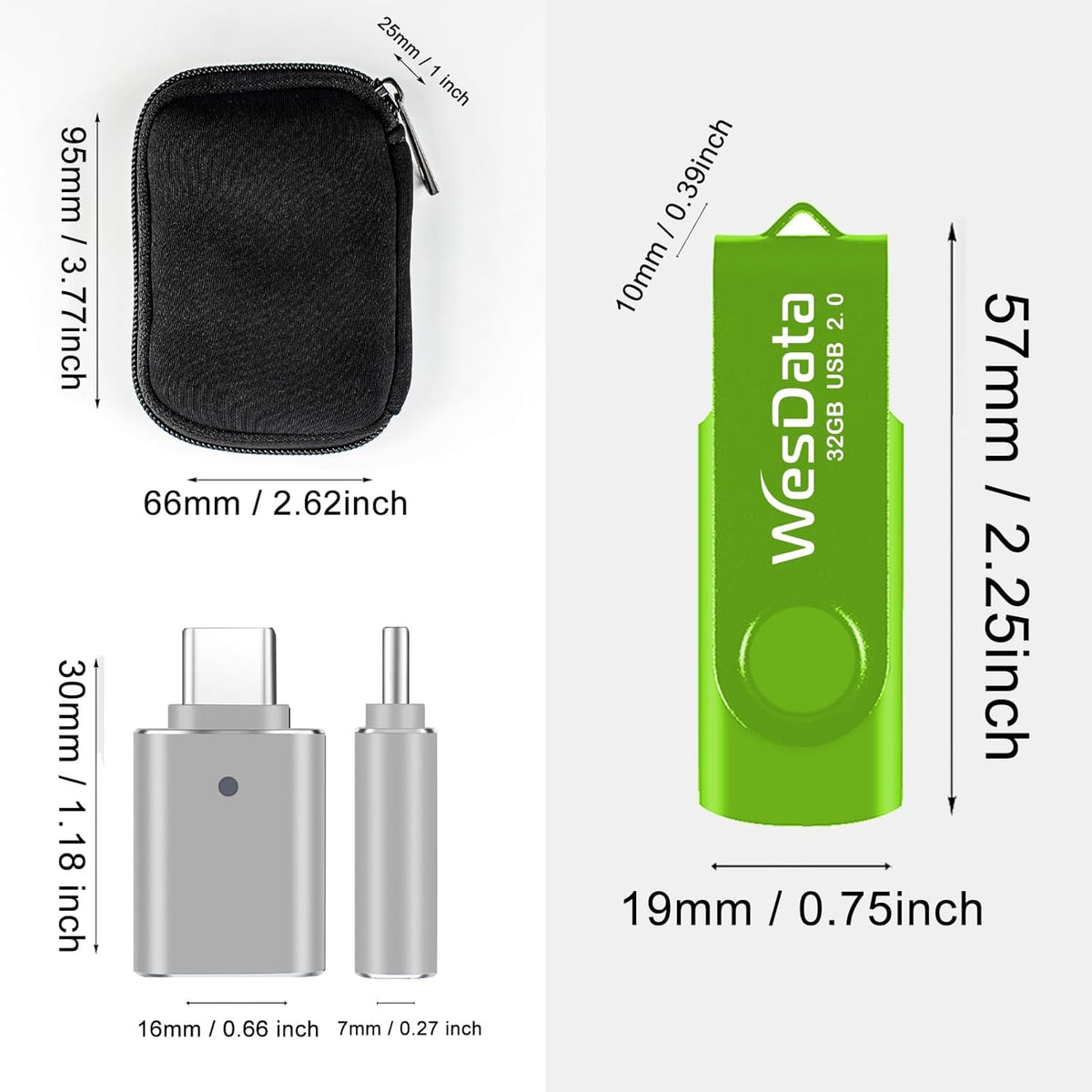USB Flash Drive 5-Pack with USB-C Adapters