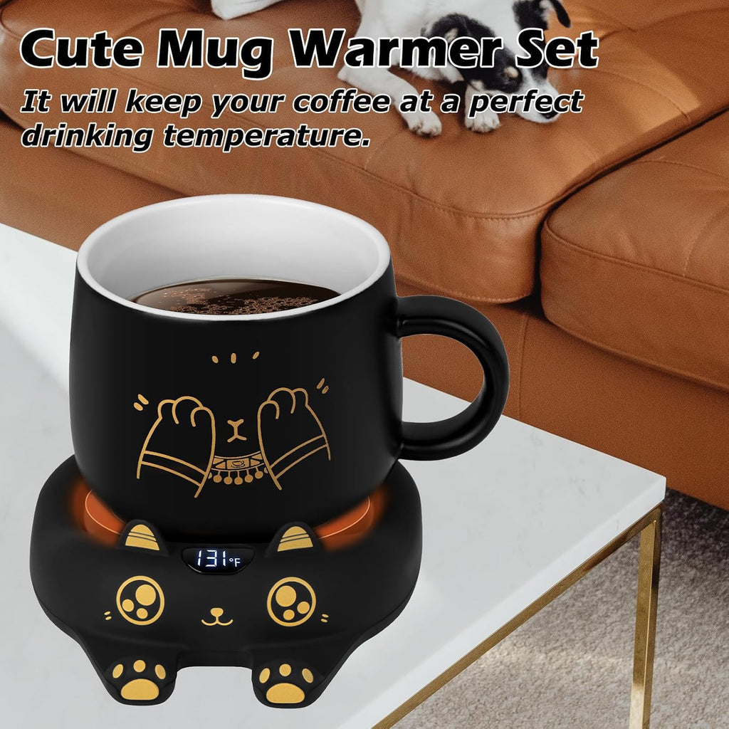 Coffee Mug Warmer & Cute Cat Mug Set, Coffee Cup Warmer for Desk with Auto Shut Off, Beverage Warmer with 3 Temp Settings, Candle Warmer Coffee Warmer with Mug Set for Christmas & Birthday Gifts