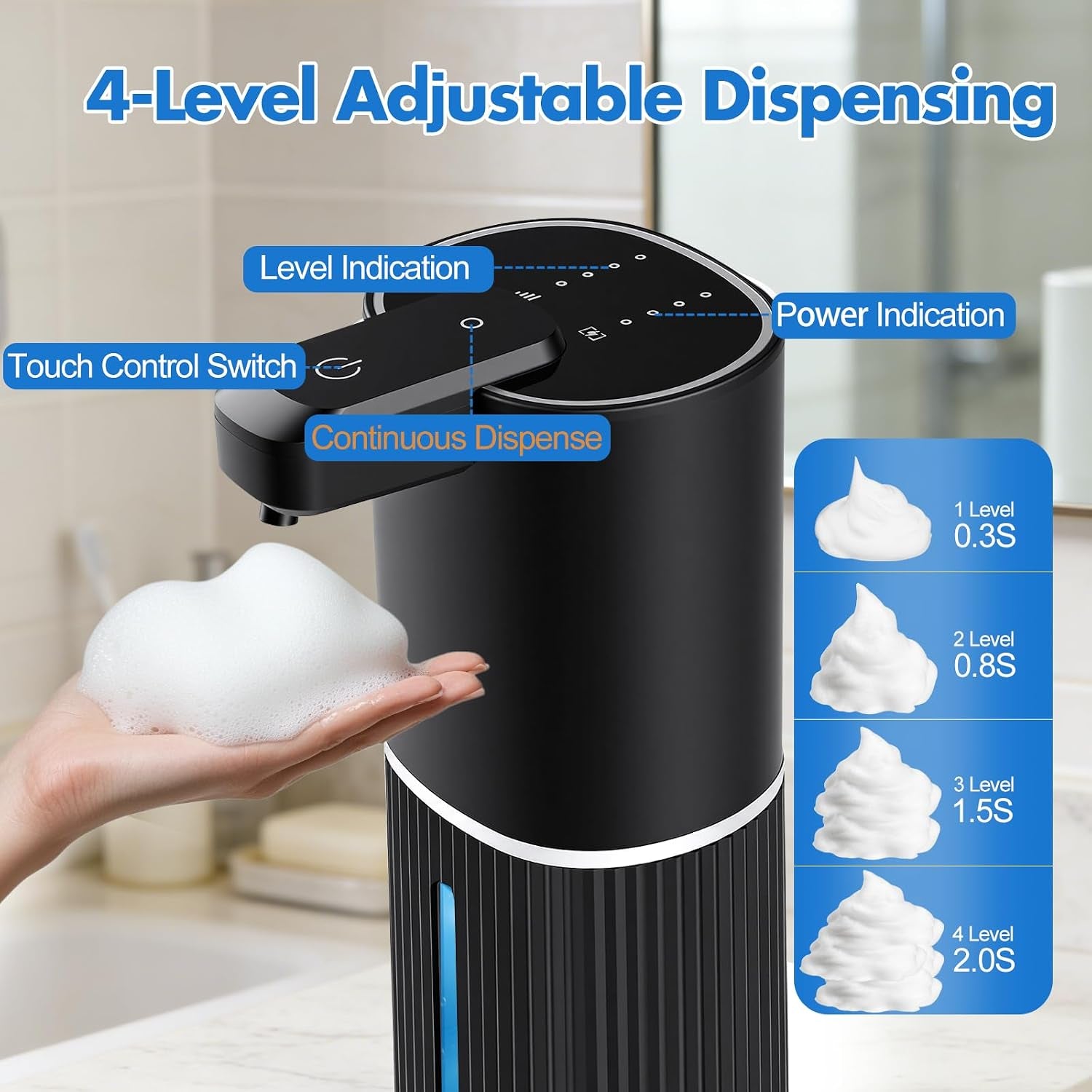 Automatic Soap Dispenser, Foaming Soap Dispenser Touchless with Continuous Dispensing, 4-Level Adjustable, Rechargeable Hand Soap Dispensers, Wall Mounted or Countertop for Bathroom & Kitchen
