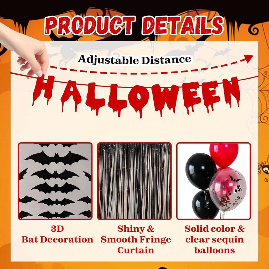 Halloween Birthday Party Decorations Set, Scary Horror Scream Ghostface Themed Decor Kit with Banner, Red Black Balloons, Bat Balloons, Black Door Curtain, Bat Cutouts for Kids Adults Horror Movie Birthday Party Supplies