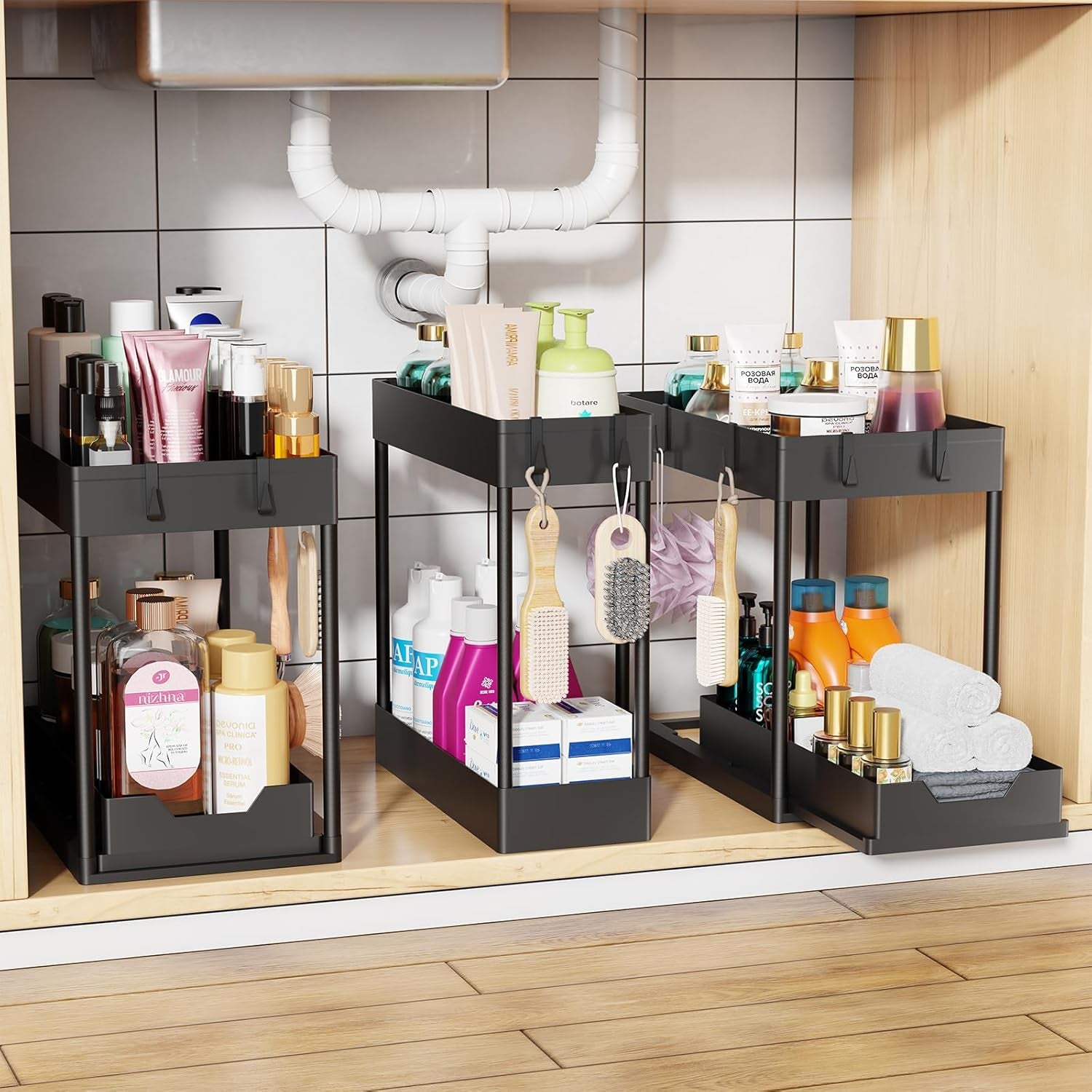 under Sink Organizer 2 Pack, Sink Pull-Out Sliding Storage Cabinet, 2-Tier under Shelf Organizer for Kitchen Bathroom, Black
