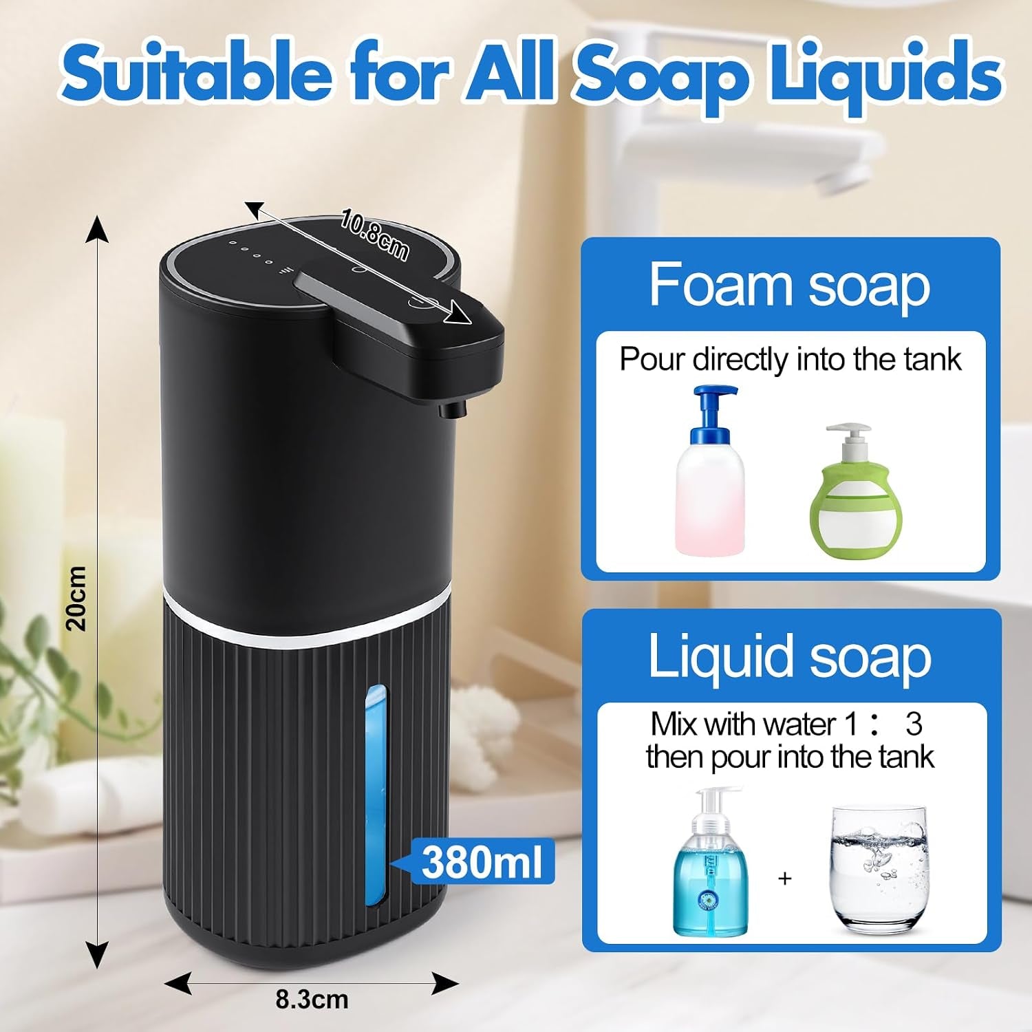 Automatic Soap Dispenser, Foaming Soap Dispenser Touchless with Continuous Dispensing, 4-Level Adjustable, Rechargeable Hand Soap Dispensers, Wall Mounted or Countertop for Bathroom & Kitchen