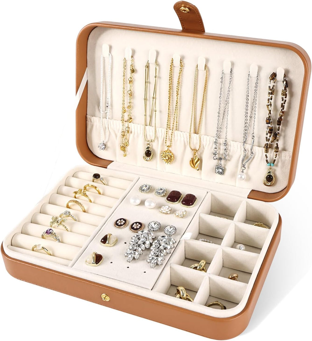 Jewelry Box, Jewelry Organizers and Storage Small Jewelry Boxes for Women Portable Jewelry Organizer Storage Holder Display for Ring Earrings Necklace (Brown)