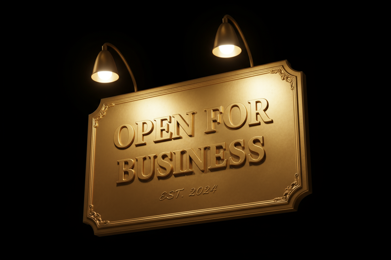 Black background with a sign that says open for business