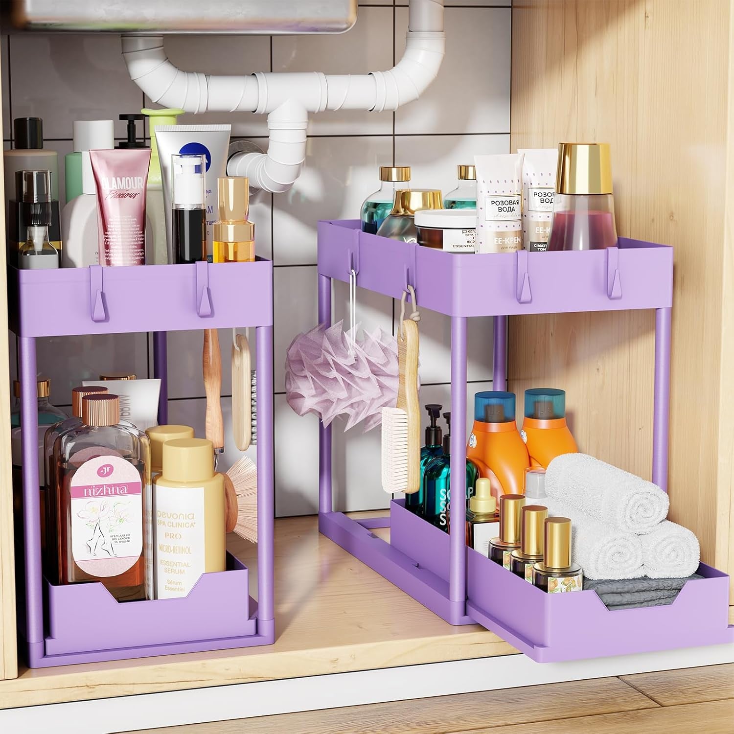 under Sink Organizer 2 Pack, Sink Pull-Out Sliding Storage Cabinet, 2-Tier under Shelf Organizer for Kitchen Bathroom, Black