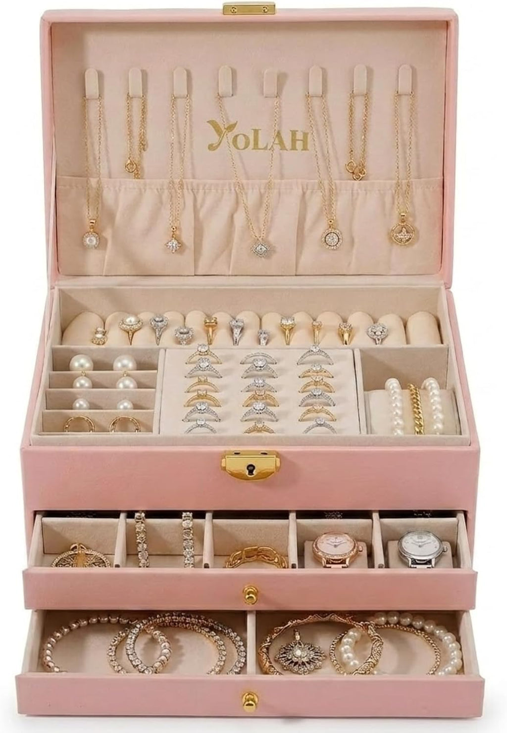 Large Jewelry Box Organizer for Women, 3 Layer PU Leather Jewelry Lockbox with Drawers, Travel Jewelry Case for Rings, Earrings, Necklaces, Bracelets & Accessories (Pink)