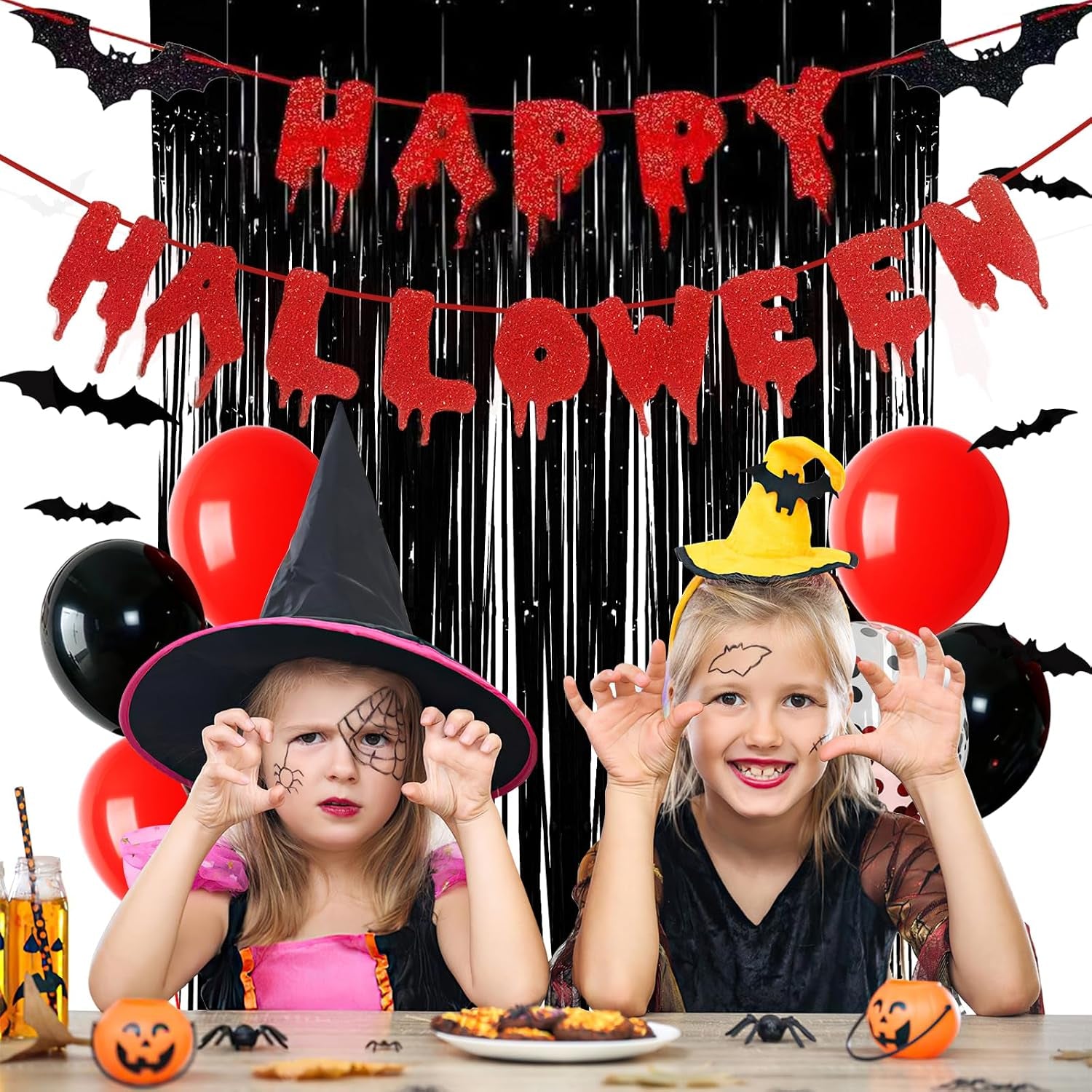 Halloween Birthday Party Decorations Set, Scary Horror Scream Ghostface Themed Decor Kit with Banner, Red Black Balloons, Bat Balloons, Black Door Curtain, Bat Cutouts for Kids Adults Horror Movie Birthday Party Supplies