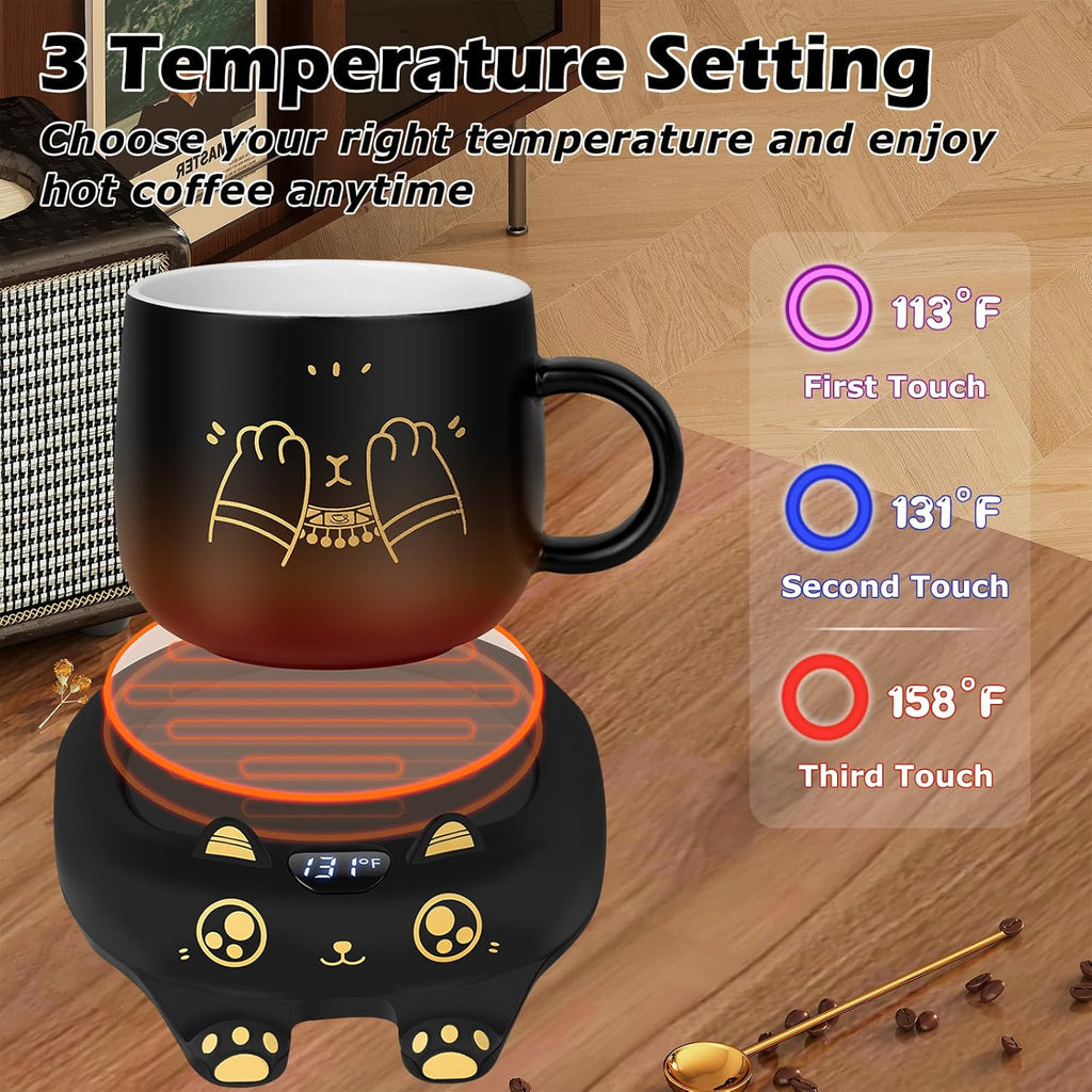 Coffee Mug Warmer & Cute Cat Mug Set, Coffee Cup Warmer for Desk with Auto Shut Off, Beverage Warmer with 3 Temp Settings, Candle Warmer Coffee Warmer with Mug Set for Christmas & Birthday Gifts