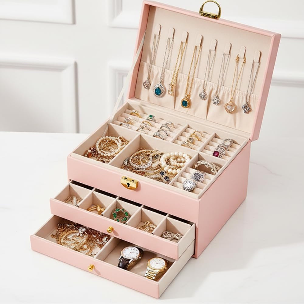 Large Jewelry Box Organizer for Women, 3 Layer PU Leather Jewelry Lockbox with Drawers, Travel Jewelry Case for Rings, Earrings, Necklaces, Bracelets & Accessories (Pink)