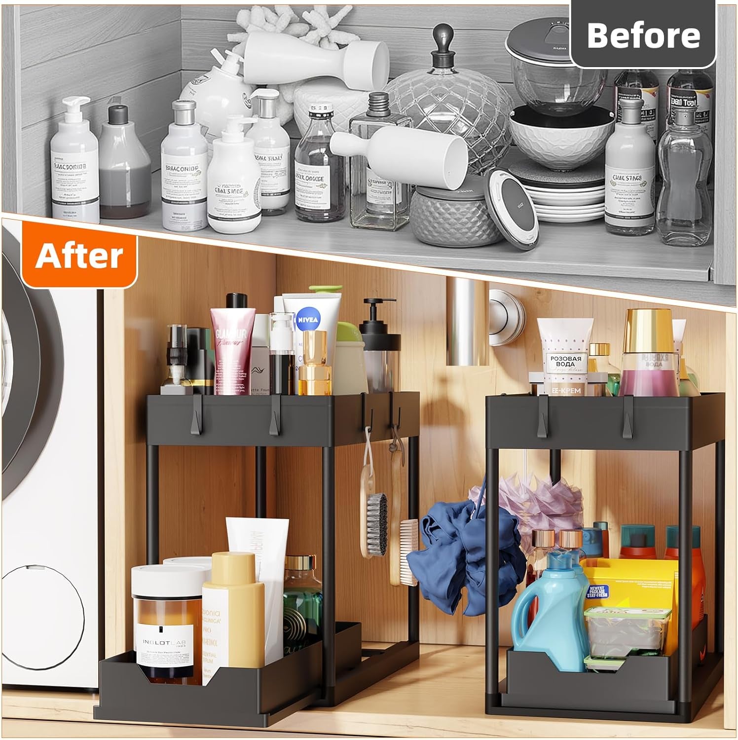 under Sink Organizer 2 Pack, Sink Pull-Out Sliding Storage Cabinet, 2-Tier under Shelf Organizer for Kitchen Bathroom, Black