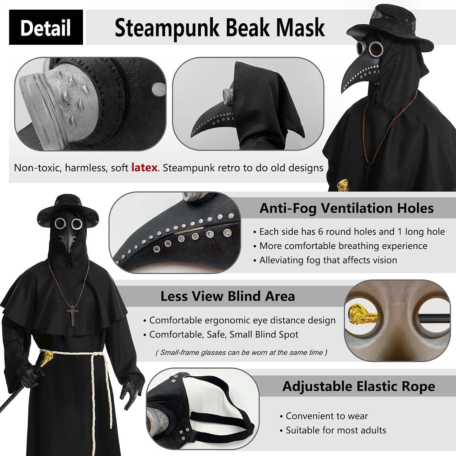Plague Doctor Costume, Adults Plague Doctor Mask Halloween Costume for Women Men Dress-Up Cosplay Party