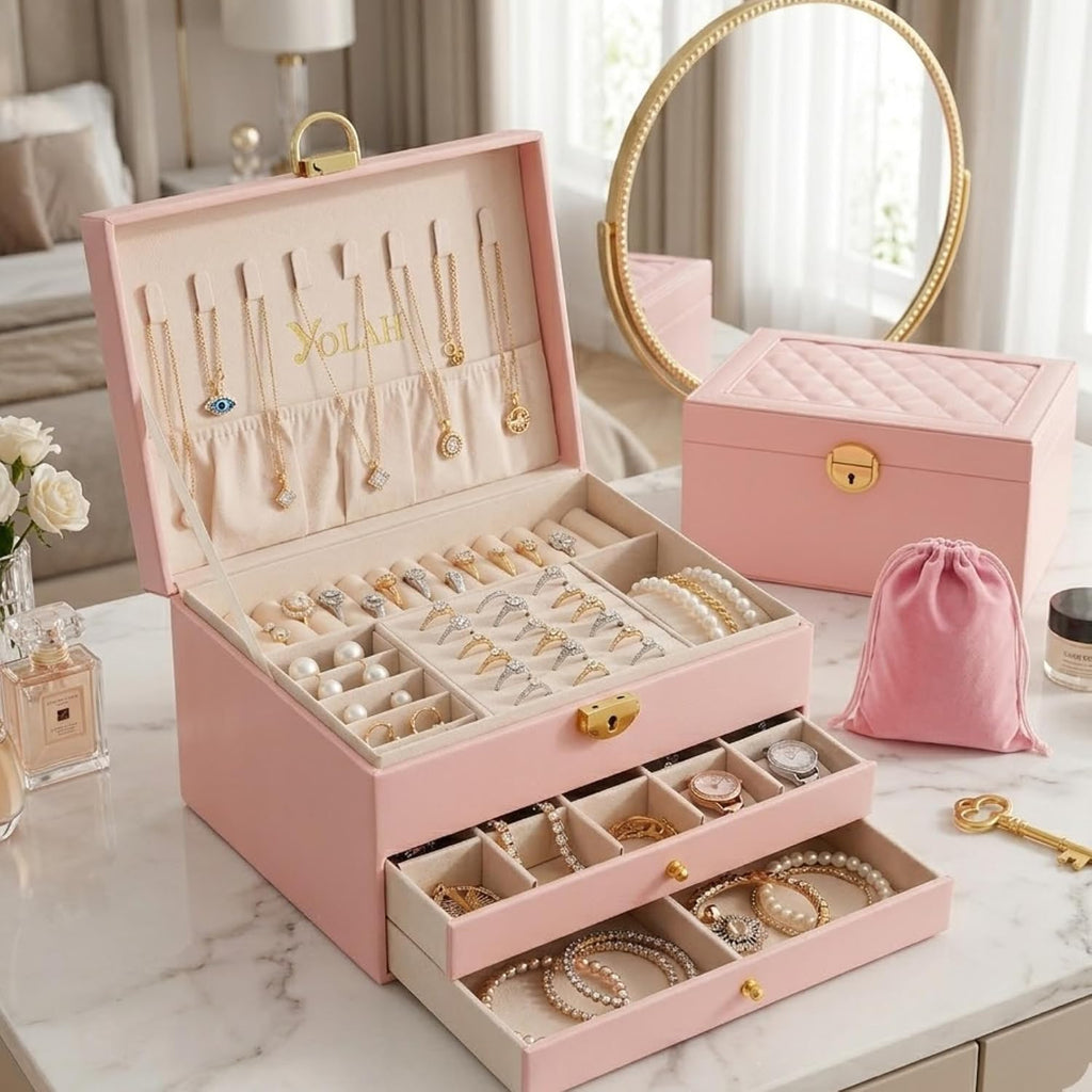 Large Jewelry Box Organizer for Women, 3 Layer PU Leather Jewelry Lockbox with Drawers, Travel Jewelry Case for Rings, Earrings, Necklaces, Bracelets & Accessories (Pink)