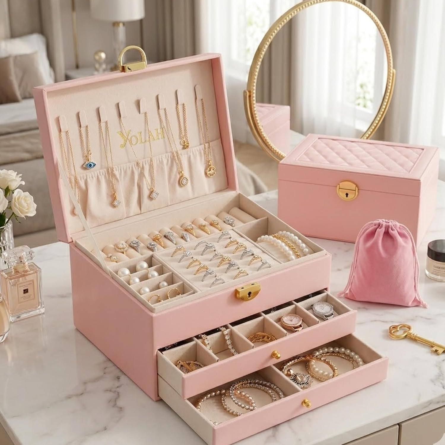 Large Jewelry Box Organizer for Women, 3 Layer PU Leather Jewelry Lockbox with Drawers, Travel Jewelry Case for Rings, Earrings, Necklaces, Bracelets & Accessories (Pink)