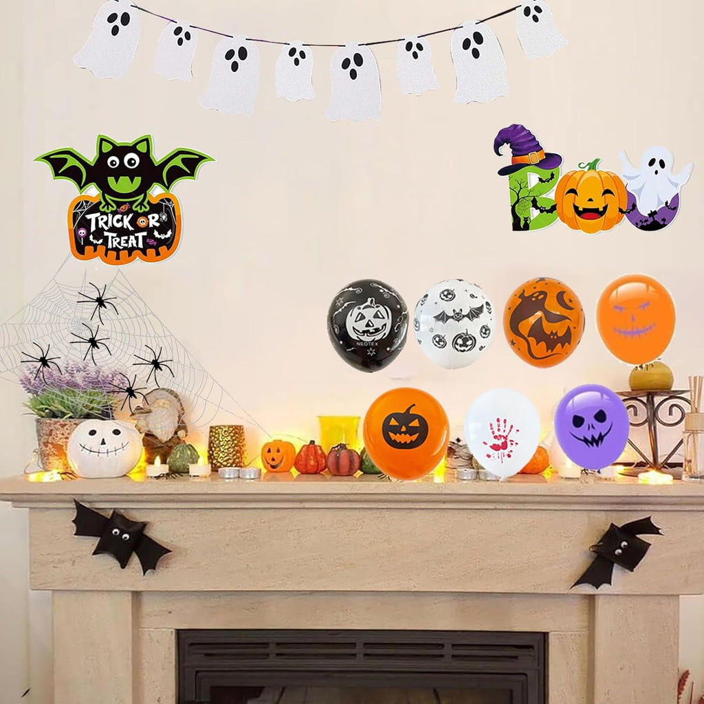 100+ Piece Halloween Decorations Set - All-In-One Kit Halloween Decor with Banner, Hanging Bats, Spider Web Decoration, Balloons, Photo Props & More! Fun for Kids & Family