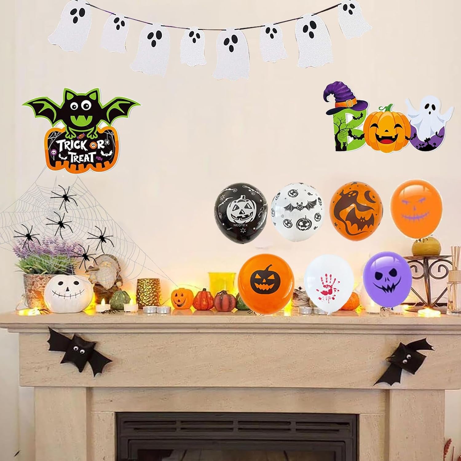 100+ Piece Halloween Decorations Set - All-In-One Kit Halloween Decor with Banner, Hanging Bats, Spider Web Decoration, Balloons, Photo Props & More! Fun for Kids & Family