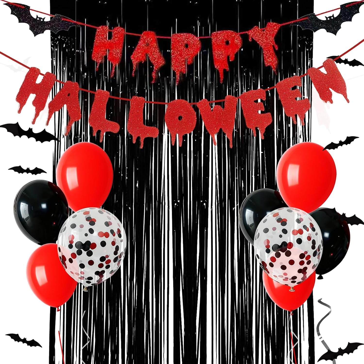 Halloween Birthday Party Decorations Set, Scary Horror Scream Ghostface Themed Decor Kit with Banner, Red Black Balloons, Bat Balloons, Black Door Curtain, Bat Cutouts for Kids Adults Horror Movie Birthday Party Supplies