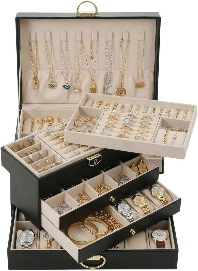 Large Jewelry Box Organizer for Women, 3 Layer PU Leather Jewelry Lockbox with Drawers, Travel Jewelry Case for Rings, Earrings, Necklaces, Bracelets & Accessories (Pink)