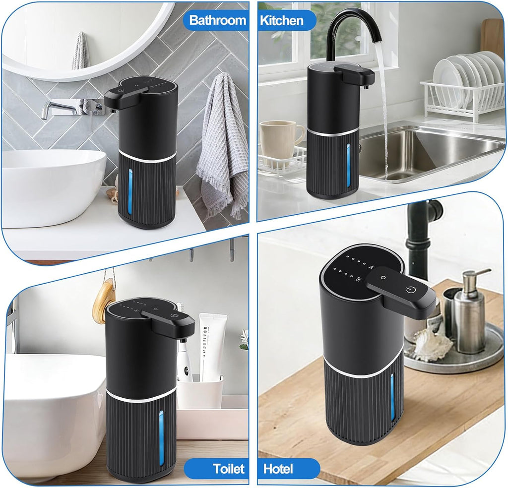 Automatic Soap Dispenser, Foaming Soap Dispenser Touchless with Continuous Dispensing, 4-Level Adjustable, Rechargeable Hand Soap Dispensers, Wall Mounted or Countertop for Bathroom & Kitchen