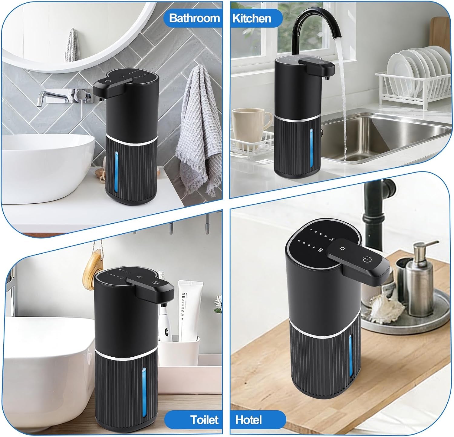 Automatic Soap Dispenser, Foaming Soap Dispenser Touchless with Continuous Dispensing, 4-Level Adjustable, Rechargeable Hand Soap Dispensers, Wall Mounted or Countertop for Bathroom & Kitchen