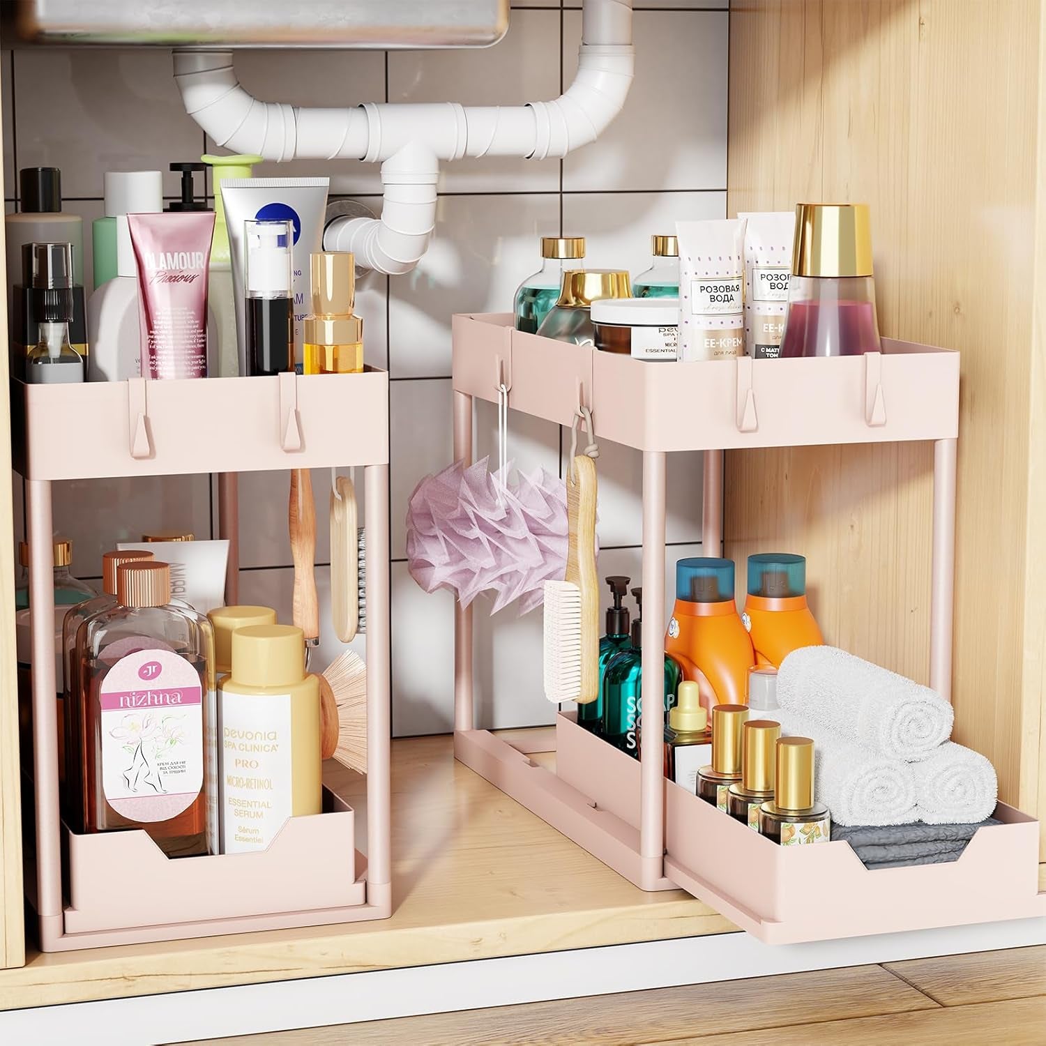 under Sink Organizer 2 Pack, Sink Pull-Out Sliding Storage Cabinet, 2-Tier under Shelf Organizer for Kitchen Bathroom, Black