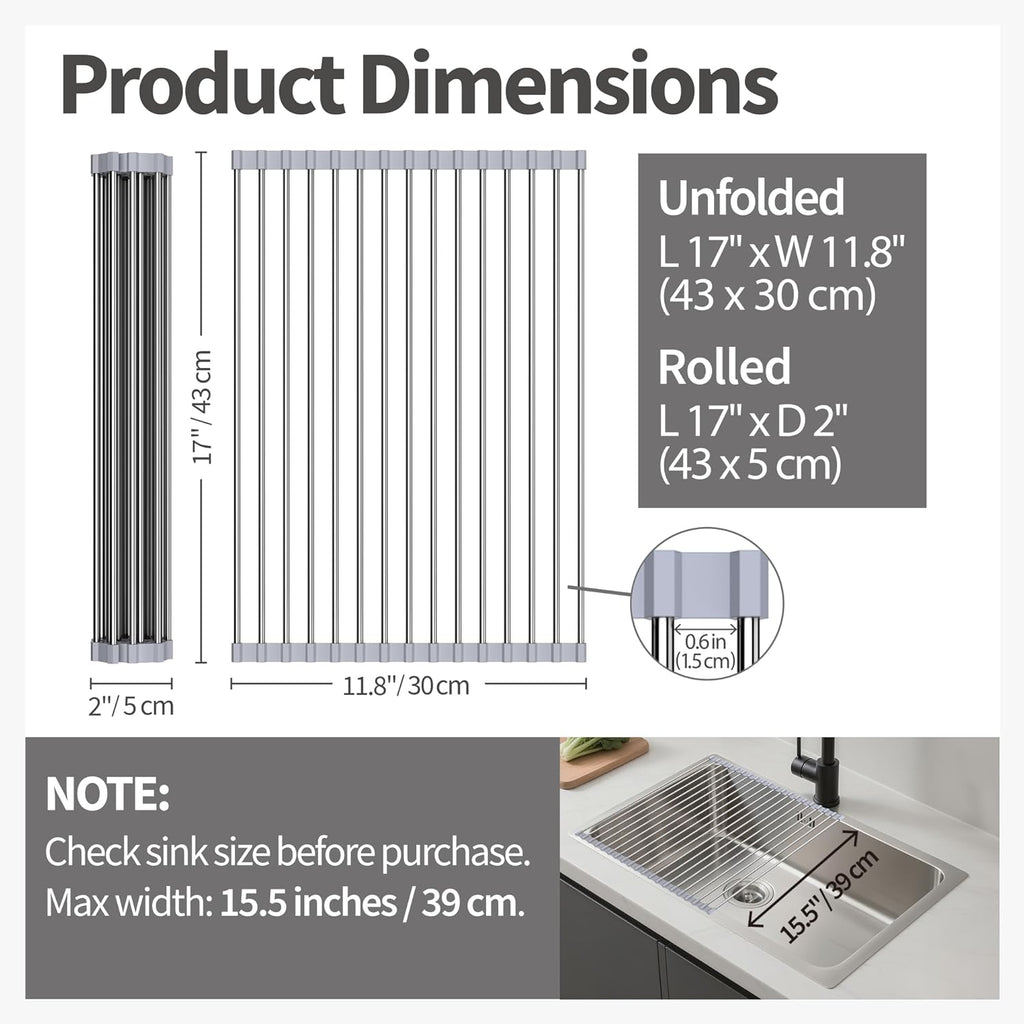 Dish Drying Rack with Roll up and over Sink for Kitchen 17"X11.8" (Gray 17"X11.8")