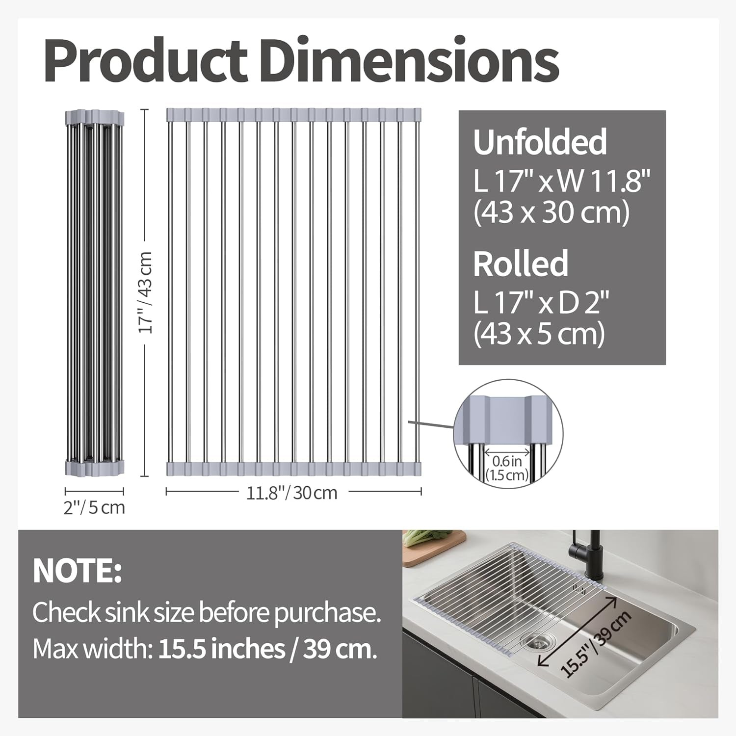 Dish Drying Rack with Roll up and over Sink for Kitchen 17"X11.8" (Gray 17"X11.8")